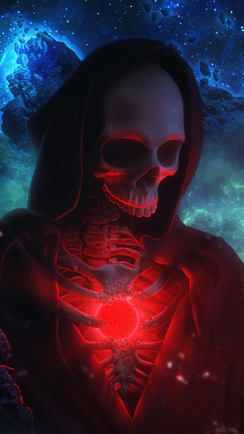 Skeleton with glowing red heart in space