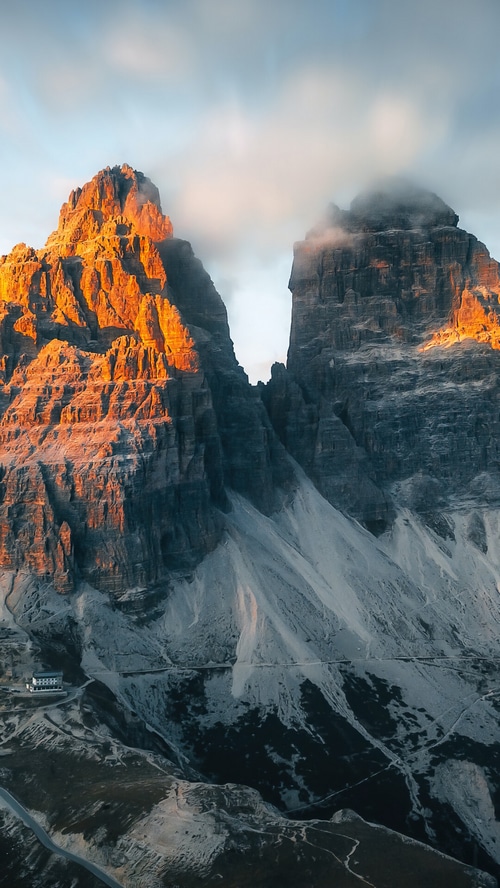 Tre Cime di Lavaredo mountains in Italy at sunset