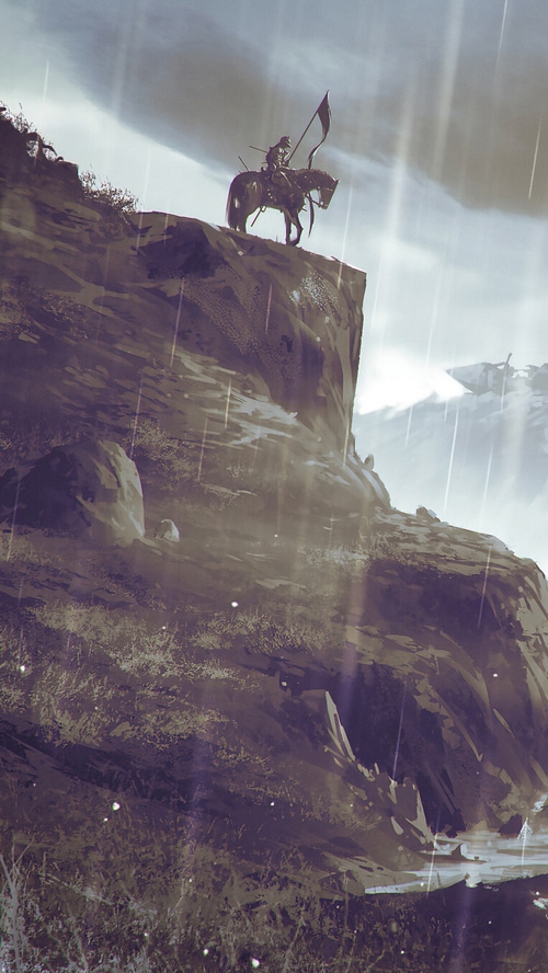 Knight on horseback on a cliff edge