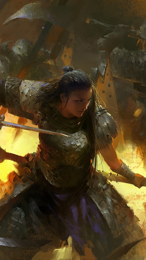 Female warrior in battle armor with swords