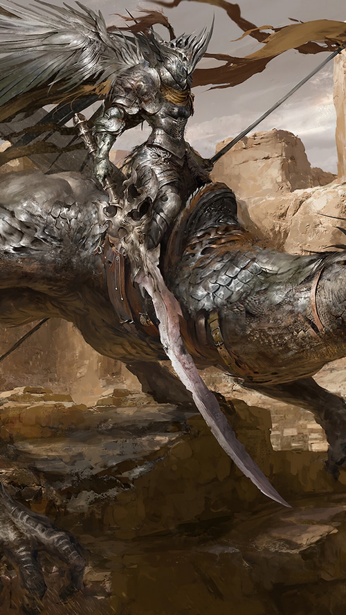 Fantasy Warrior Riding a Dragon in a Desert