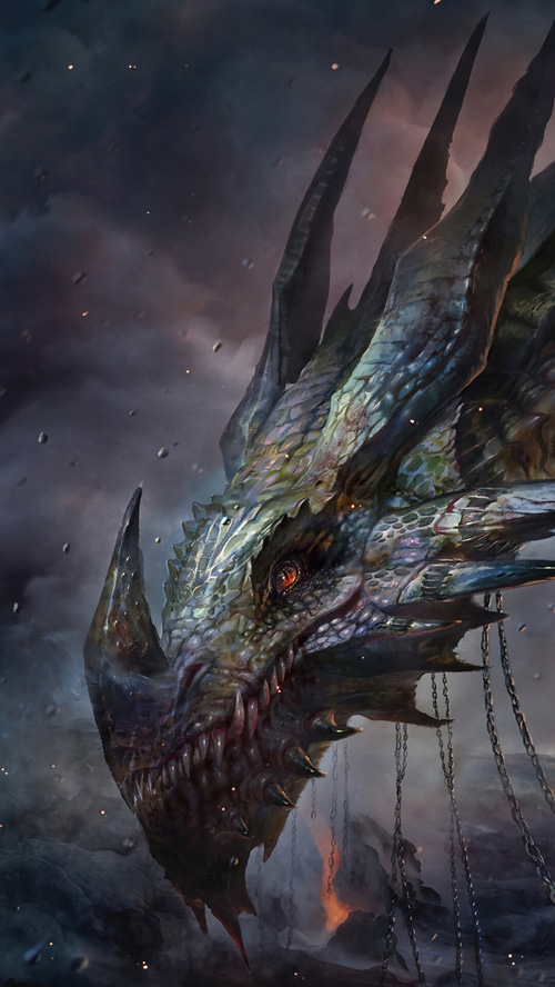Dragon head with chains and fire