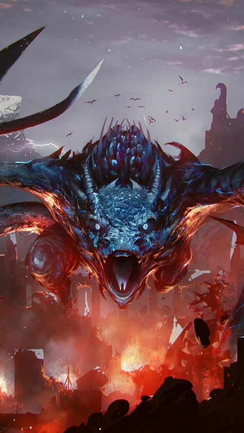 Dragon roaring in a fiery fantasy landscape