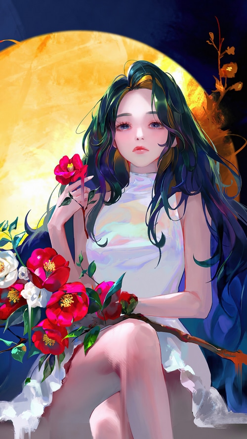 Anime Girl with Flowers and Moon