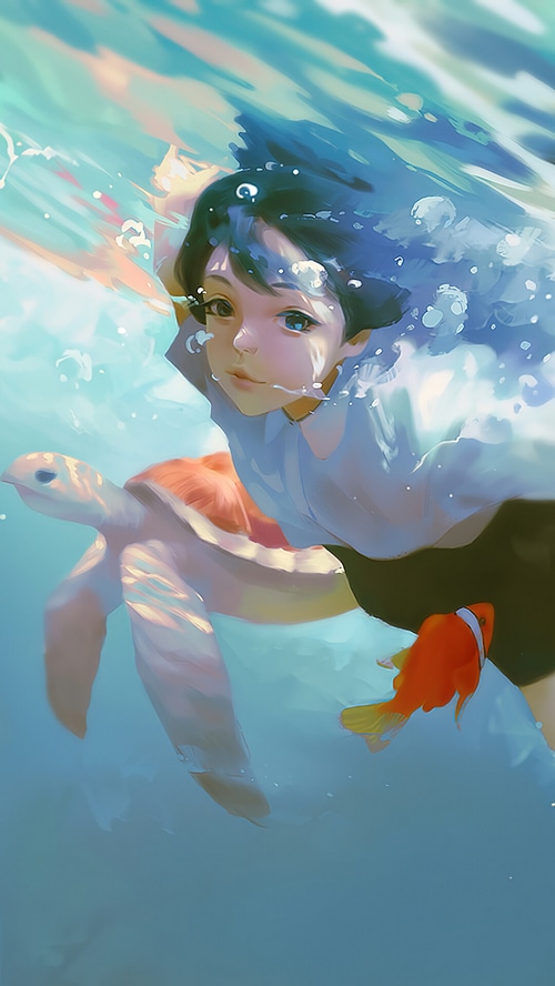 Anime girl swimming with a turtle and clownfish
