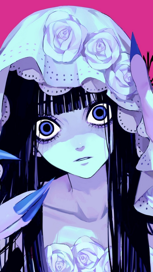 Scary anime girl with blue eyes and roses