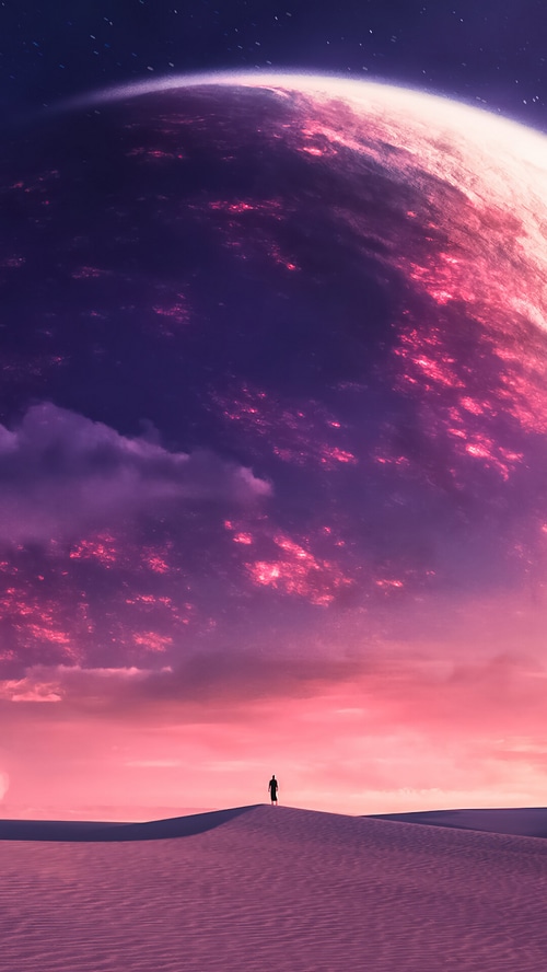 A lone figure walks across a desert landscape under a large planet