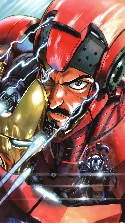 Iron Man in his red and gold suit with lightning