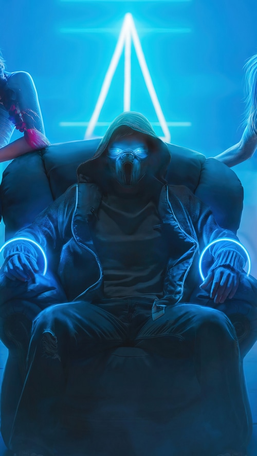 Sci-Fi masked figure with glowing eyes and women