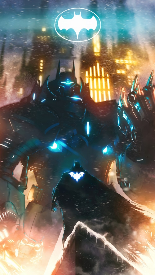 Batman in a Mech Suit with Gotham City Background