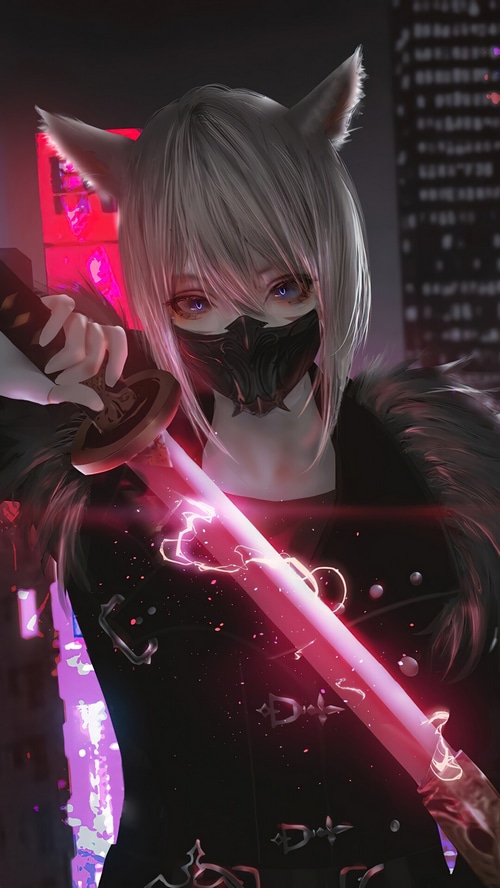 Anime girl with katana in a sci-fi city