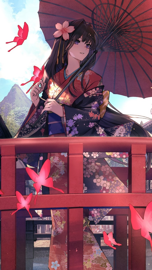 Anime girl in kimono with umbrella and butterflies
