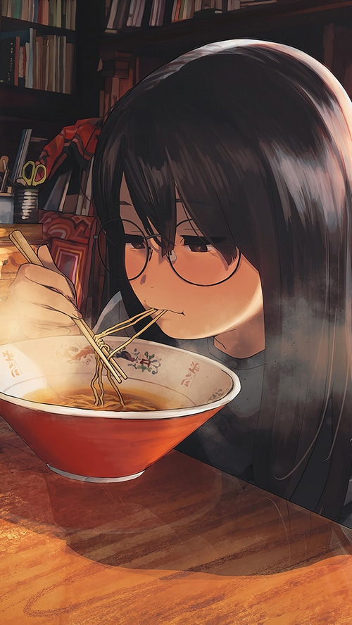 Anime girl with glasses eating noodles