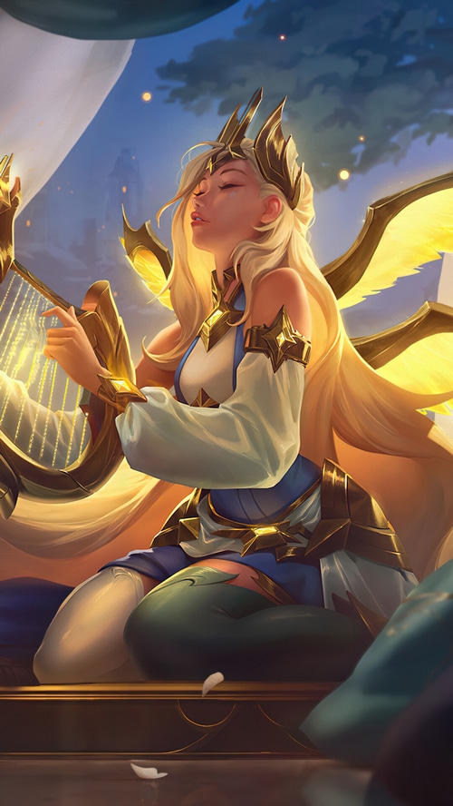 Arclight Seraphine playing a harp in Legends of Runeterra