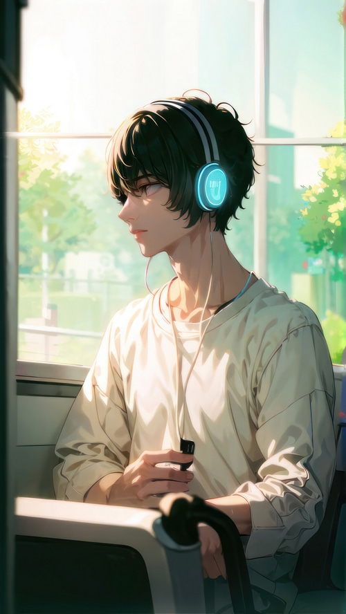 Anime boy with headphones listening to music