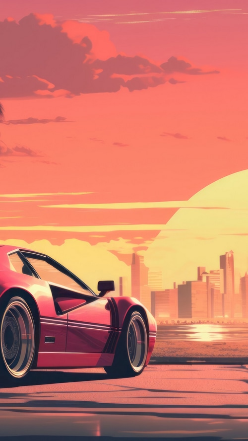 Red Sports Car at Sunset with City Skyline