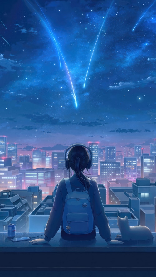 Anime Girl with Cat Watching Shooting Stars Over City