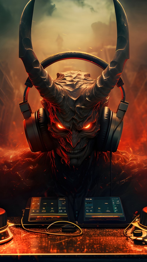 Demon DJ with Headphones and DJ Equipment