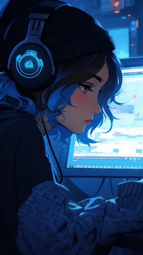 Anime girl with blue hair wearing headphones at a computer