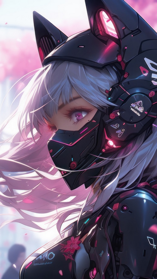 Anime Girl with Cyberpunk Mask and Cat Ears