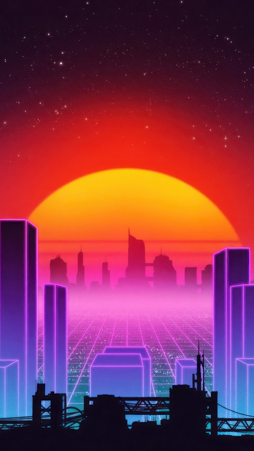 Retrowave Cityscape with Neon Buildings and Sunset