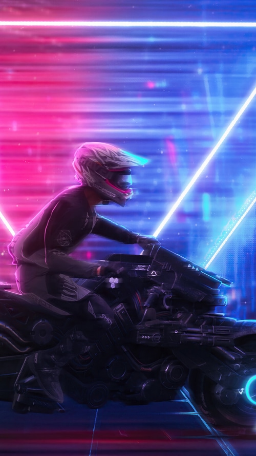 Motorcyclist in a neon-lit futuristic city