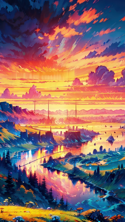 Digital Art Landscape with Sunrise and Clouds