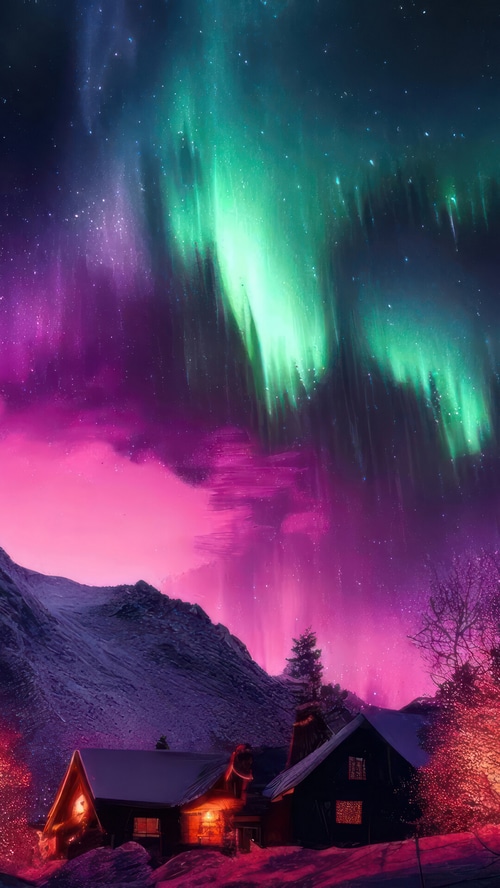Aurora Borealis over snowy mountains and cabins