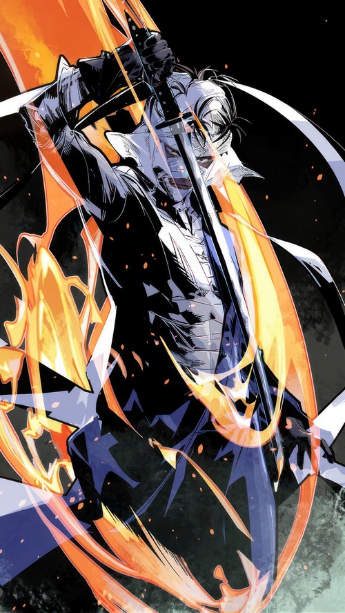 Makoto Shishio from Rurouni Kenshin with fiery effects