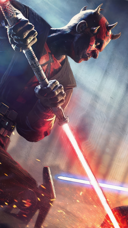 Darth Maul fighting with a red lightsaber