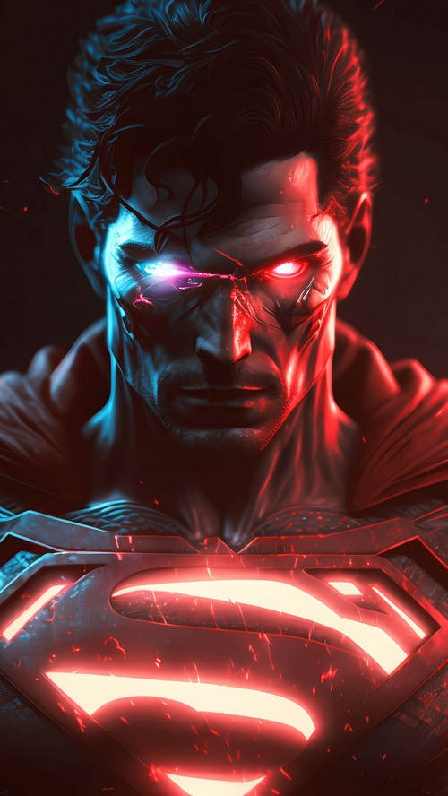Superman with glowing red and blue eyes and symbol