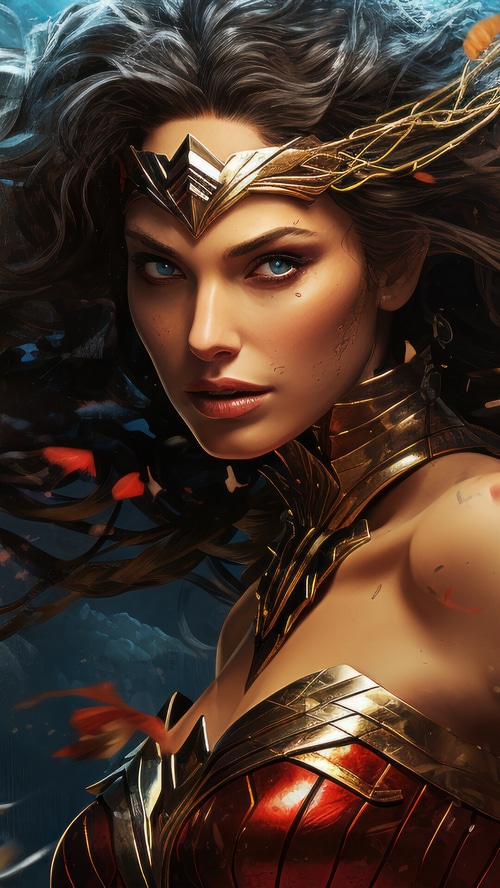Wonder Woman in a golden tiara and armor