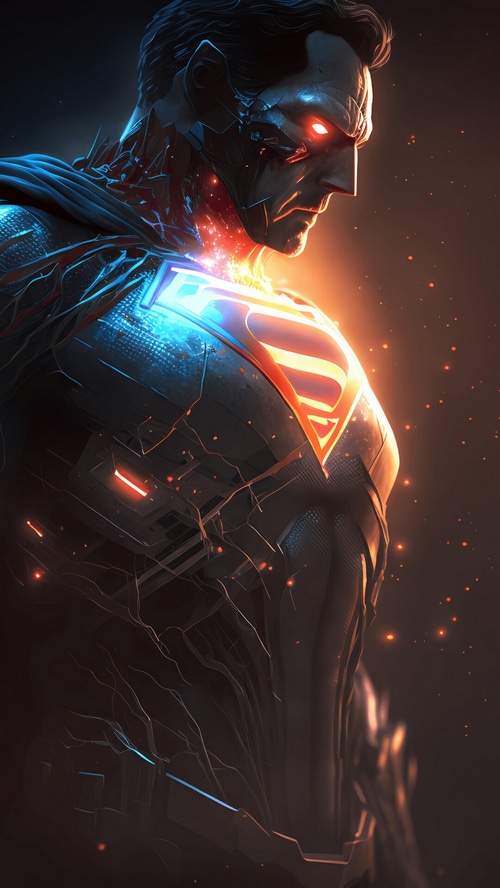 Cybernetic Superman with glowing red eyes and blue and orange emblem