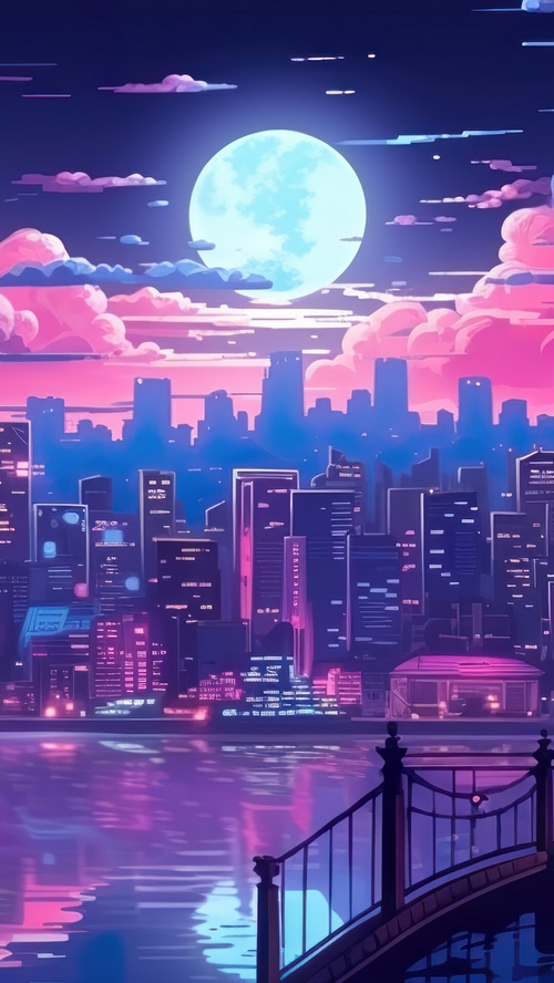 Neon Cityscape Under a Full Moon