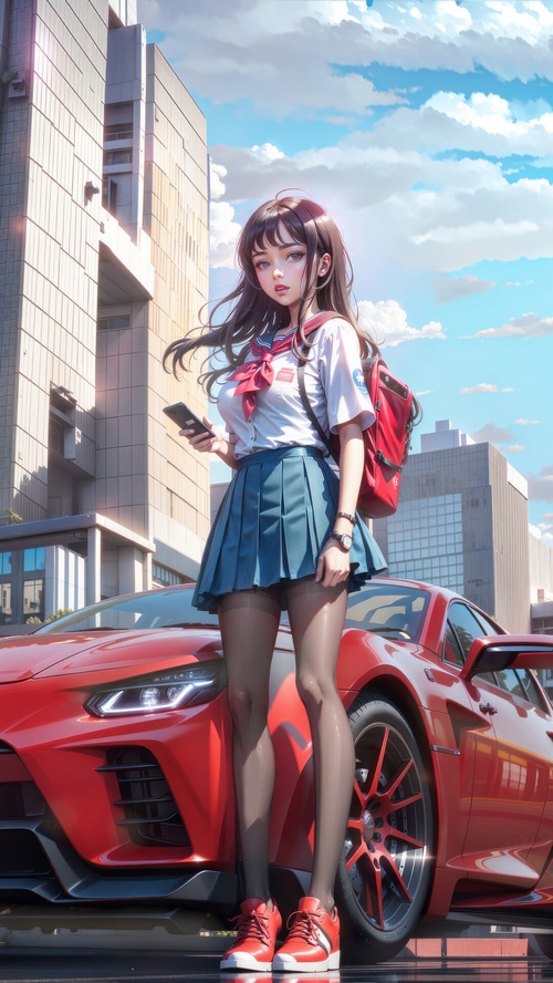 Anime Girl with Red Sports Car