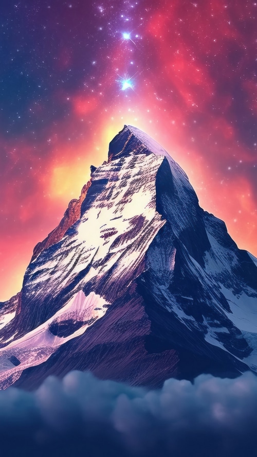 Snow-capped mountain under a starry, colorful sky