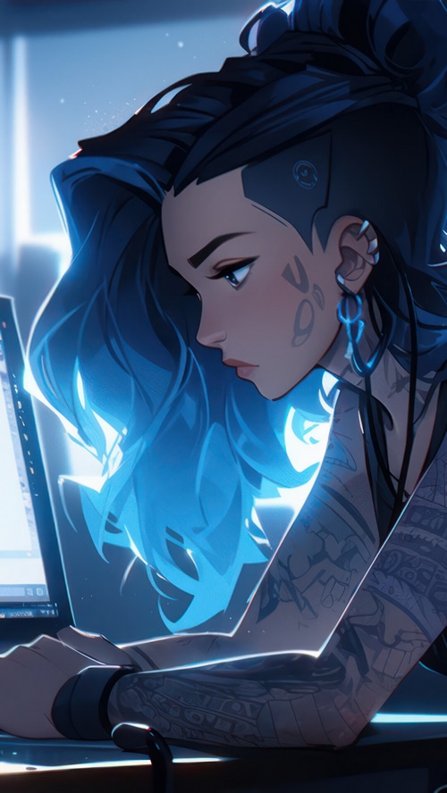 Tattooed woman with blue hair using a computer