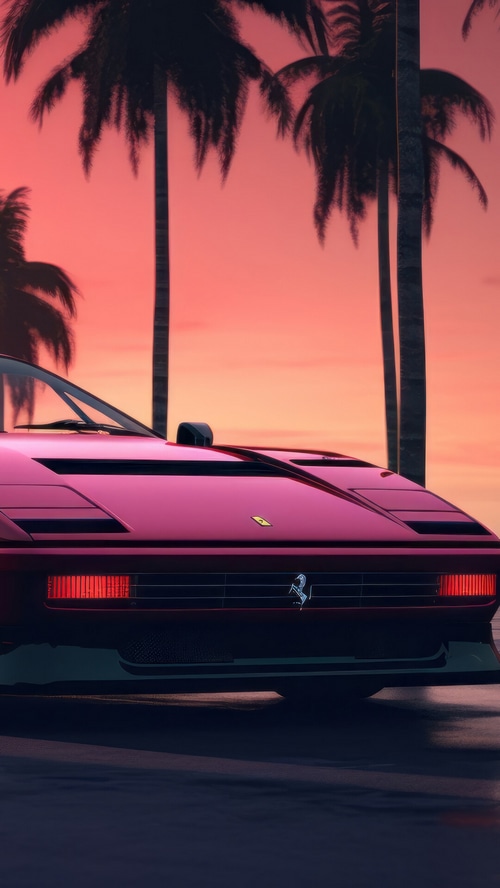 Pink Ferrari Sports Car with Palm Trees at Sunset