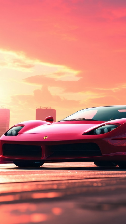 Red Ferrari sports car at sunset