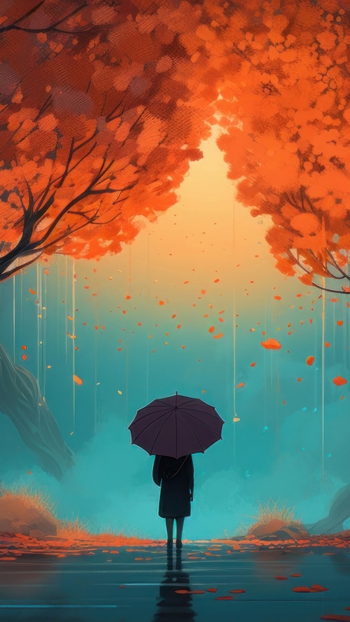 Person with umbrella walking in the rain under autumn trees