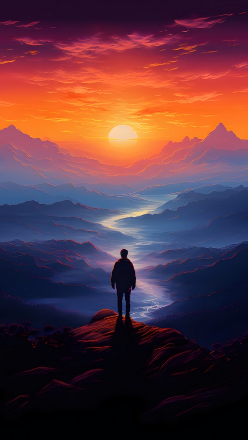 Man standing on mountain overlooking valley at sunset
