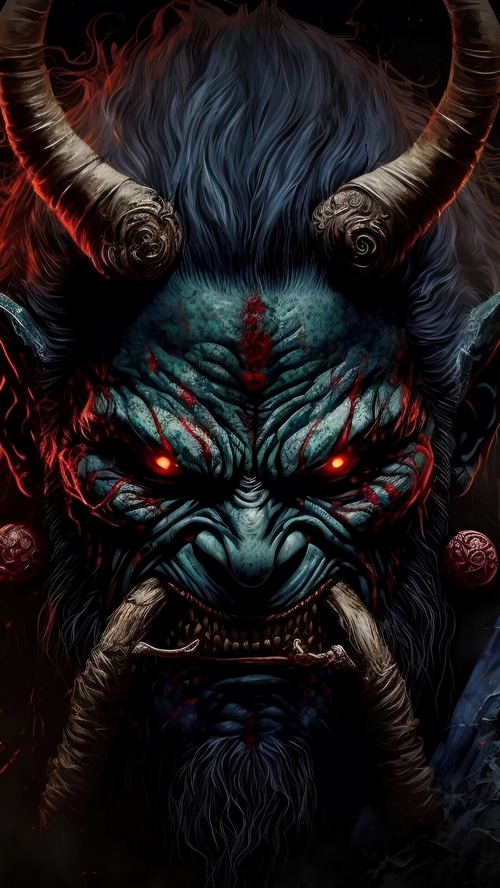 Oni Demon with Glowing Red Eyes and Horns