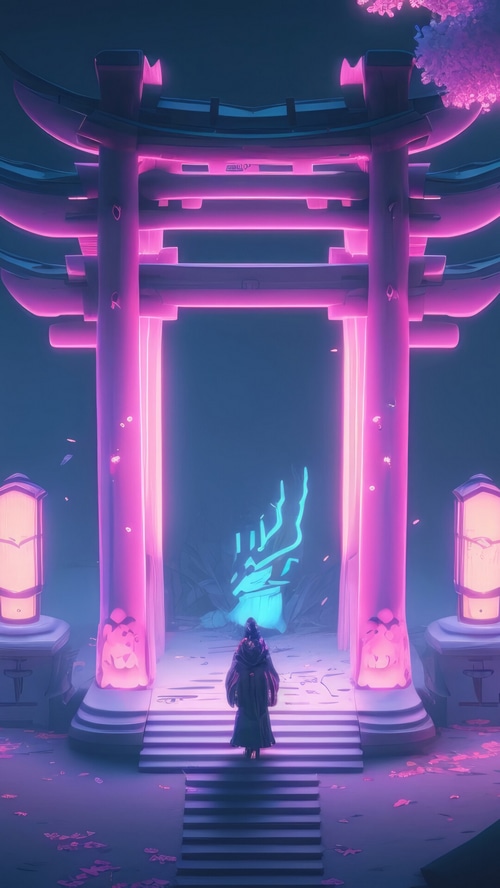 Person in a robe walks through a neon Torii gate at night