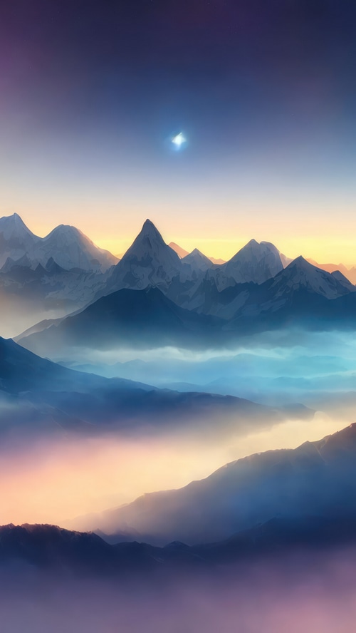 Misty mountains at sunrise with a bright star