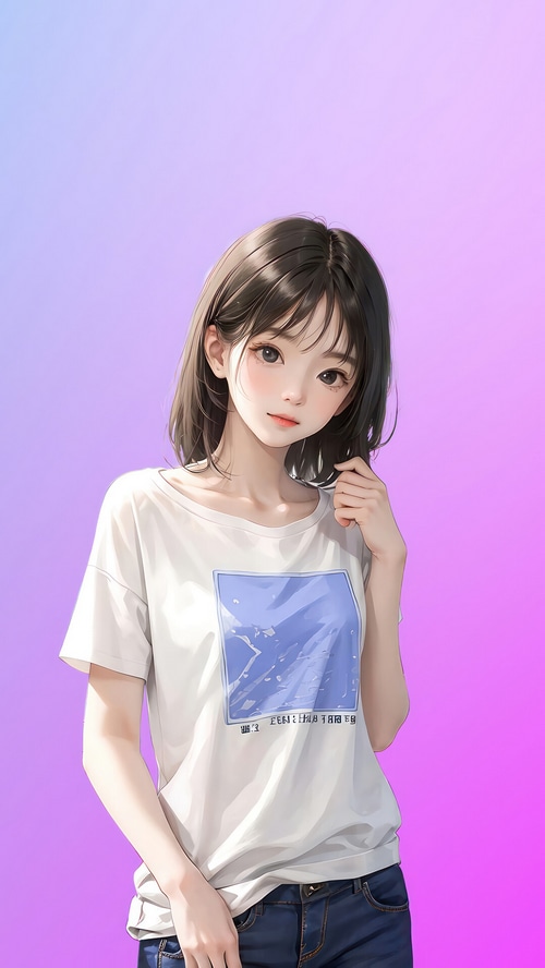 Cute Anime Girl in White T-shirt and Jeans