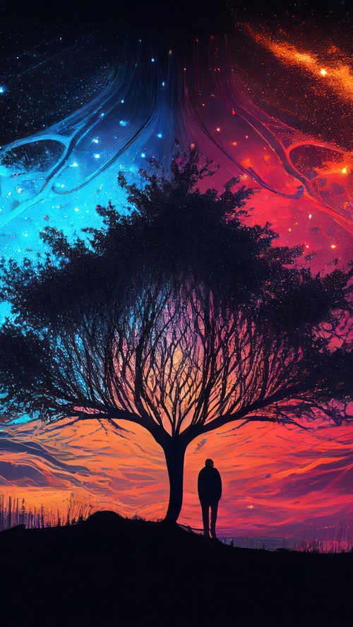 Silhouette of a person under a tree with a colorful cosmic sky
