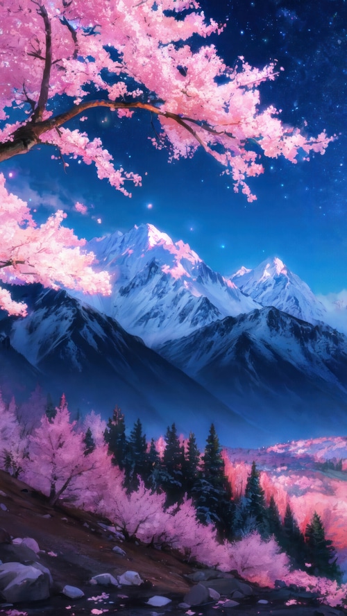 Cherry Blossom Trees and Snowy Mountains Under a Starry Night Sky