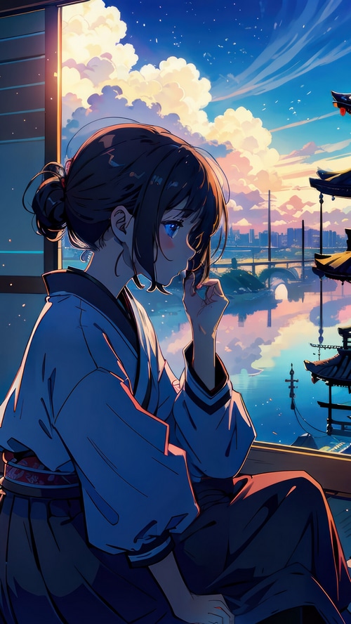 Anime girl in kimono looking out a window at a cityscape