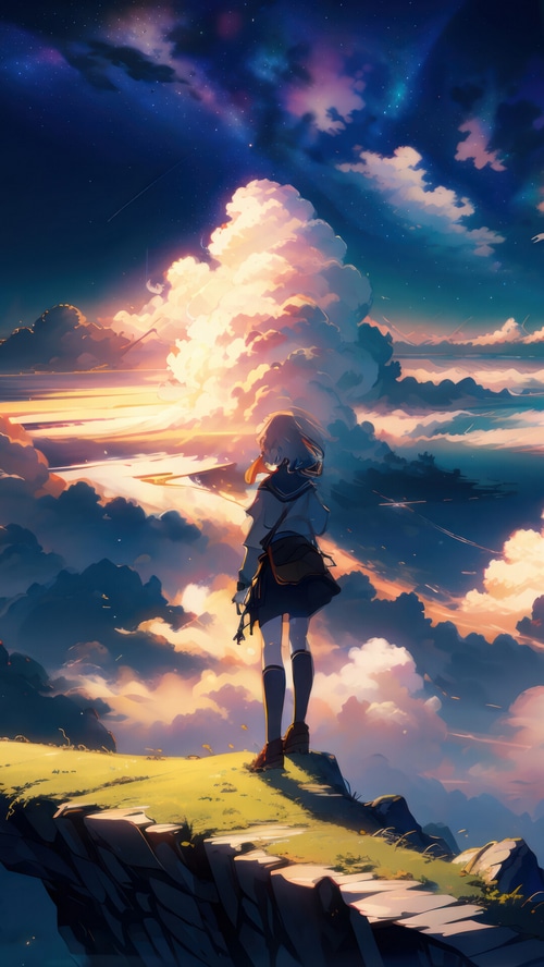 Anime girl standing on a cliff overlooking clouds