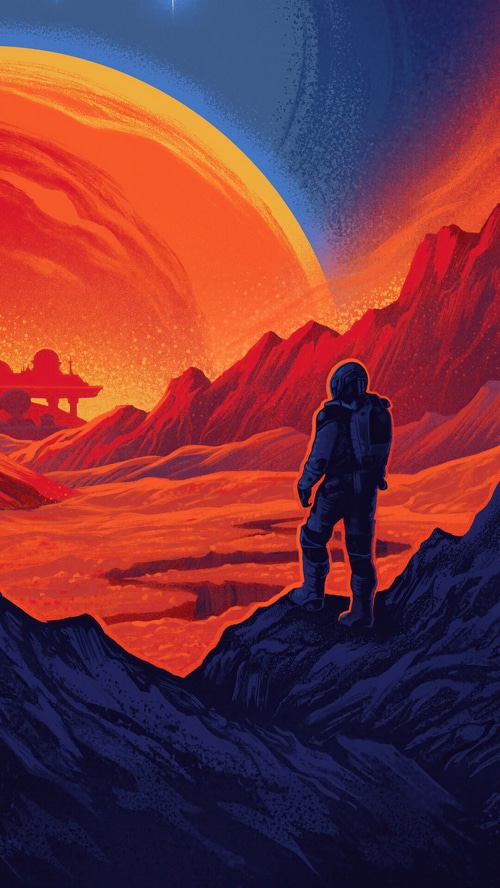Astronaut on an alien planet with a large planet in the sky